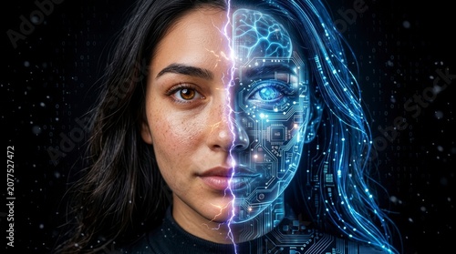 Half human half robot woman face representing artificial intelligence and future technology