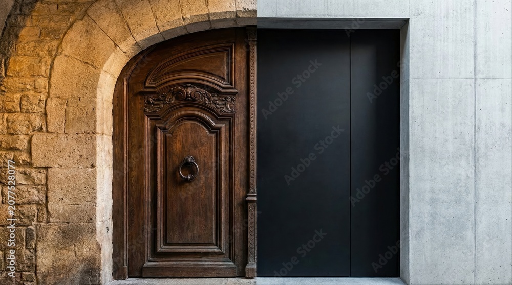 Fototapeta premium Contrasting Old Carved Wooden Door and Modern Minimalist Black Entrance
