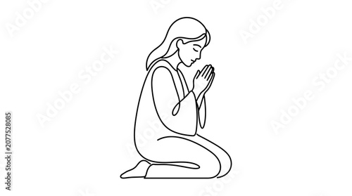 Fotografie Woman Praying Kneeling Minimalist Line Art
