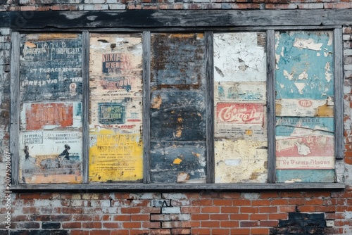 Brick wall with faded poster panels and weathered wood frame, urban vintage texture with peeling paint and distressed surface