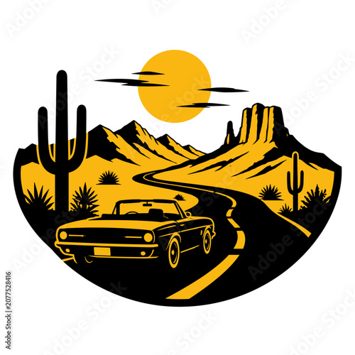 Scenic desert landscape with car driving under the sun at sunset  