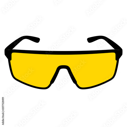 Black-framed sunglasses with yellow lenses on a white background  