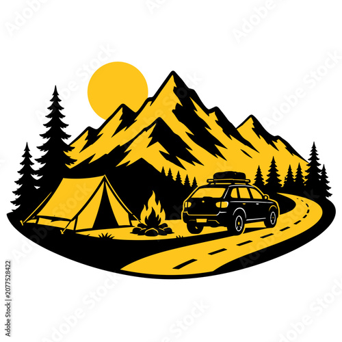 Mountain landscape with camping tent and car on summer road trip  