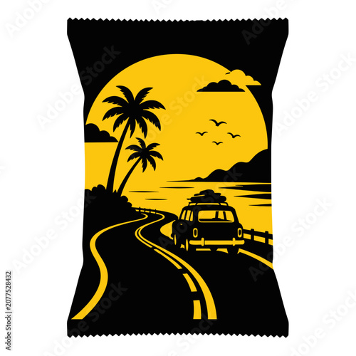 Vector illustration of summer road trips with a car by the beach  