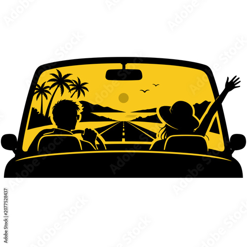 Couple driving on summer road trip with palm trees in background  