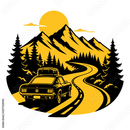 Summer road trips driving with vintage car on winding mountain road  