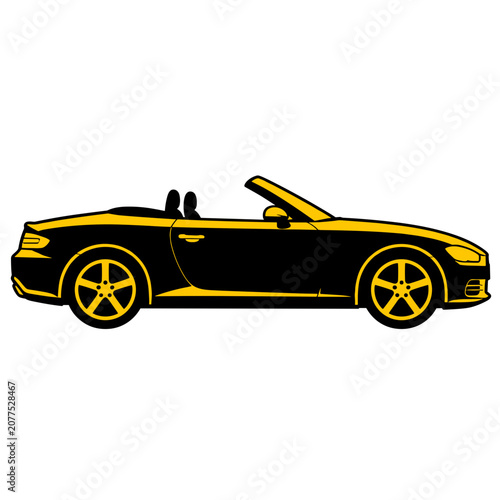 Yellow convertible car silhouette with open roof on white background  
