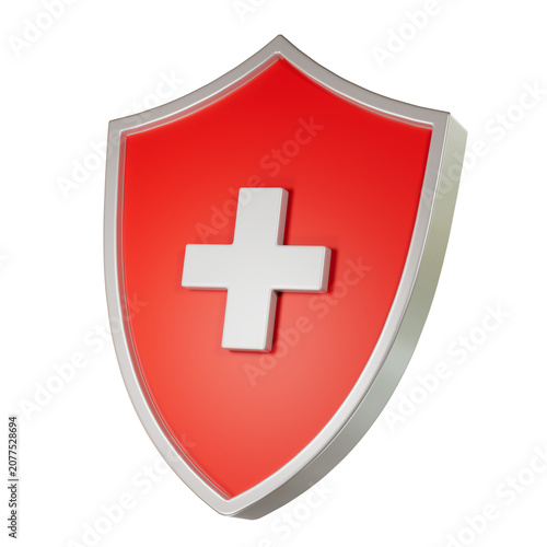Bild auf Leinwand 3D Render of Red Shield with White Medical Cross for Health Insurance and Protection