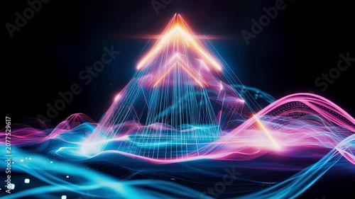 Glow of conceptual data pyramid amidst energetic flowing light patterns, showcasing interconnected technology.