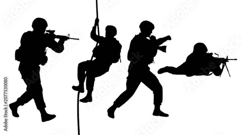 Canvastavla Soldiers in combat formation with rifles isolated on transparent background, Vec