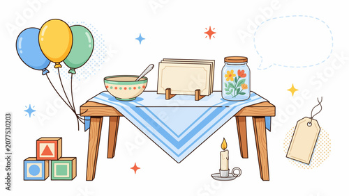 Colorful cartoon table with balloons blocks candle and kitchen items on white background