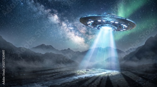 A breathtaking photorealistic unidentified flying object (UFO) hovering silently above a remote mountain landscape at night.