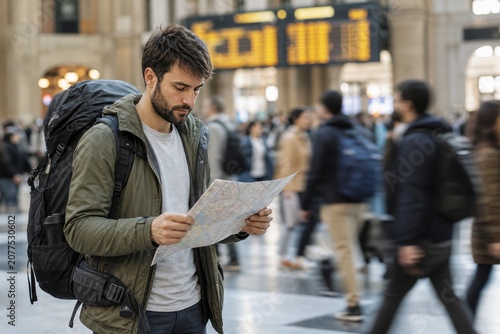 Backpacker reading map at train station