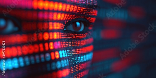 Human face silhouette with glowing red and blue binary code representing data security and digital identity protection in modern technology concept