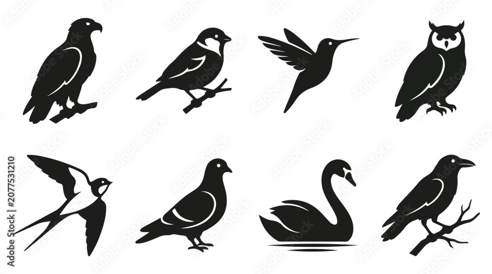 Naklejka premium Minimalist bird silhouettes collection, set of 8 black avian icons including eagle owl and swan, flat vector wildlife illustrations for logo design