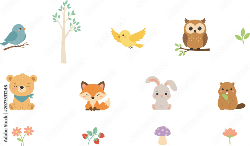 Naklejka premium Cute Woodland Animal Element Set with Cartoon Bear Fox Rabbit Owl Beaver and Birds plus Trees Flowers Strawberries and Mushroom Icons