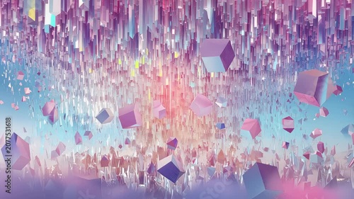 Ethereal abstract 3D digital landscape featuring floating purple cubes and hanging crystalline shards in soft pastel pink and blue hues