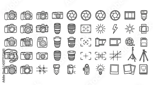Foto Photography Icons: Cameras, Lenses, Film, Flash, Tripod, Lightbulb, SD Card