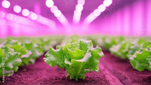 Fresh green lettuce plants growing in indoor vertical farm under purple LED grow lights for sustainable modern agriculture and food production technology.