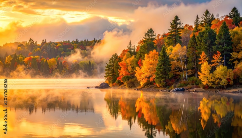 Obraz premium A breathtaking sunrise over a misty lake during autumn.