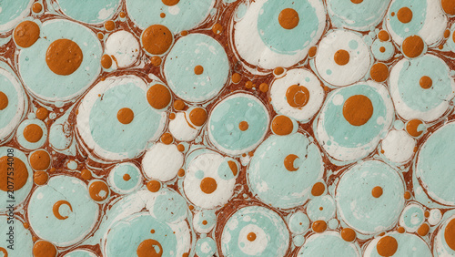 High resolution full frame abstract macro background of traditional turkish ebru marbling art with teal and terracotta circular patterns
