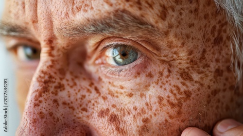 Close-up of an elderly man's face with sunspots and wrinkles, showing signs of aging and sun damage