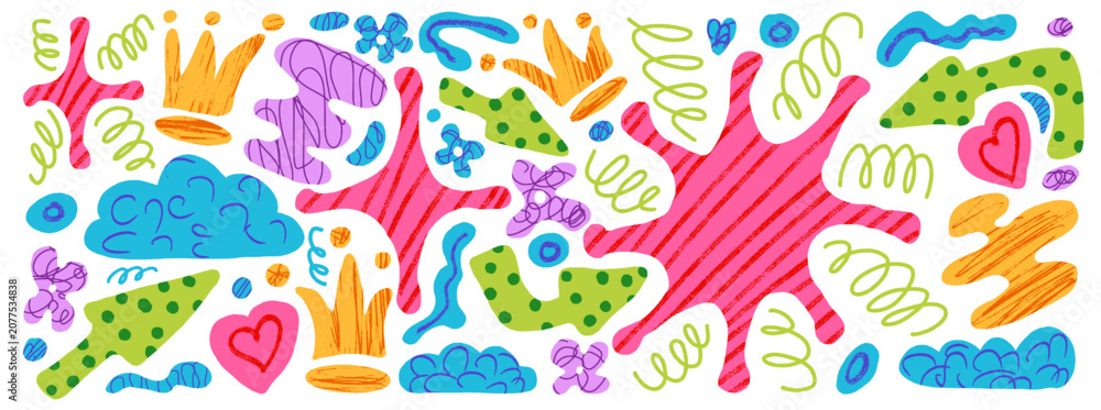 Fototapeta premium Bold sticker paper cutout shapes with crayon doodle scrapbook texture. Colorful naive sticker elements and geometric paper collage for kid journaling. Vector set of pink green shapes for planner