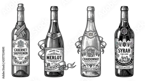 Fotografie Vintage Wine Bottles Collection: Cabernet Sauvignon, Merlot, Chardonnay, Syrah