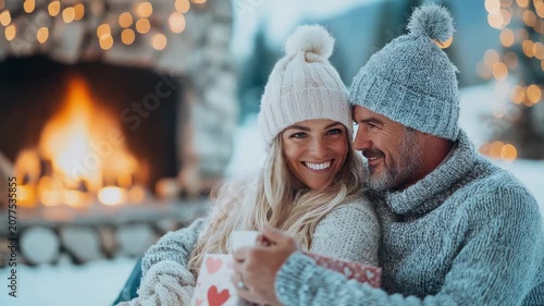 Radiant woman and contented man in cozy winter apparel share tender moment, exchanging heartwarming gift by glowing outdoor hearth.