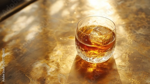 Amber Whiskey in a Glass with Ice Cubes on a Textured Surface in Sunlight