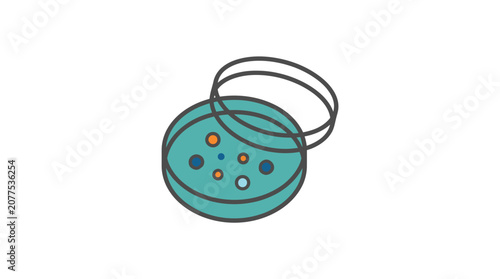 Petri dish with colorful circular objects.