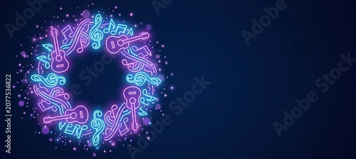 Pink and Blue Neon Music Notes Circle Frame Glowing on Dark Background, Copy Space