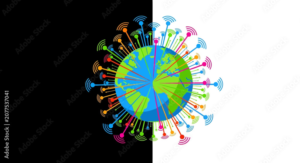 Naklejka premium Vibrant illustration of Earth with colorful virus particles.