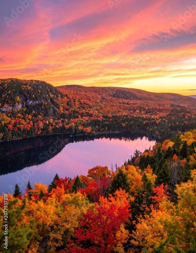 A vibrant autumn sunset casts a warm glow over a tranquil lake surrounded by colorful fall foliage.