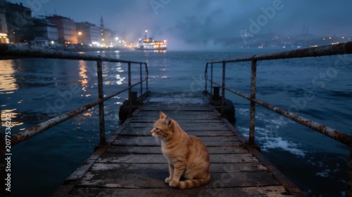 A lonely ginger cat sitting on a wooden pier along the Bosphorus in Istanbul at blue hour, overlooking the misty city lights.