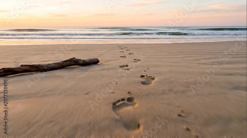 Footprints leading across a quiet sandy beach at sunrise with gentle ocean waves and driftwood creating a peaceful natural coastal scene.