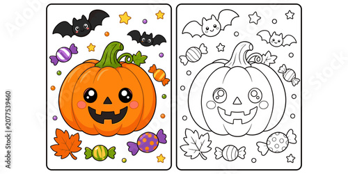 Halloween coloring page for kids with pumpkin and candy