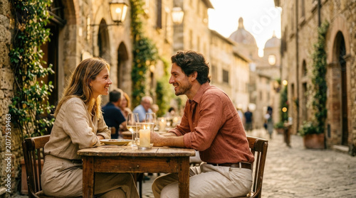 Romantic couple sitting at outdoor restaurant table by candlelight in an old Italian street