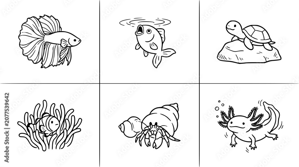 Obraz premium This image showcases various aquatic creatures, emphasizing the diverse and colorful aspects of underwater life through whimsical artistic illustrations.