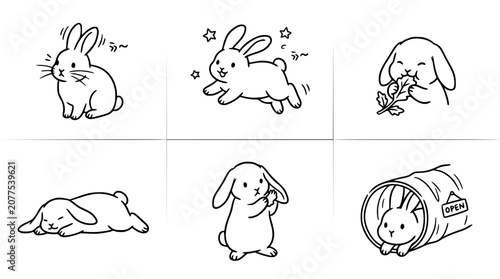 This delightful set of illustrations features charming rabbits in playful and serene situations, showcasing their cute antics in a whimsical and heartwarming manner.