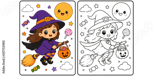 Halloween coloring page for kids little witch flying on broomstick