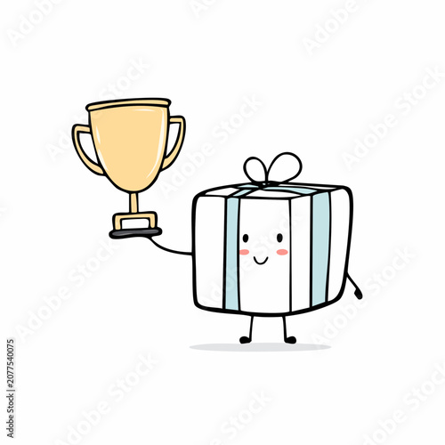 A smiling gift box character holding trophy.