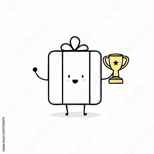 A cute cartoon gift box character holding a trophy.