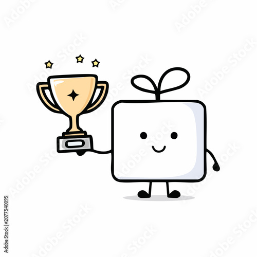 A smiling white gift box character holding a trophy.