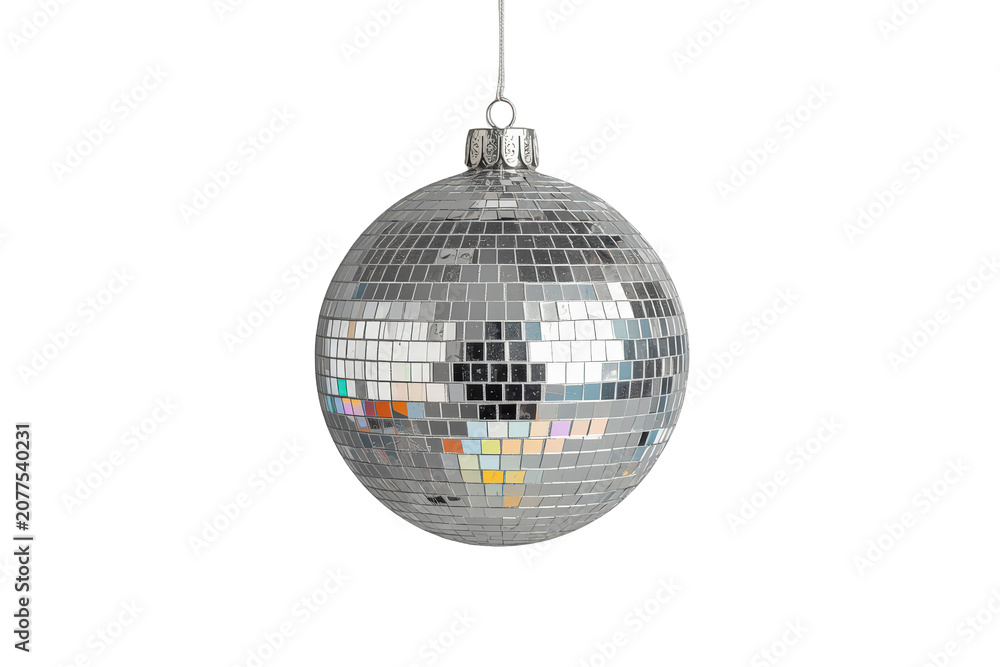 Fototapeta premium Hanging silver disco ball reflecting colorful lights, representing party, celebration, music, dance and nightlife events