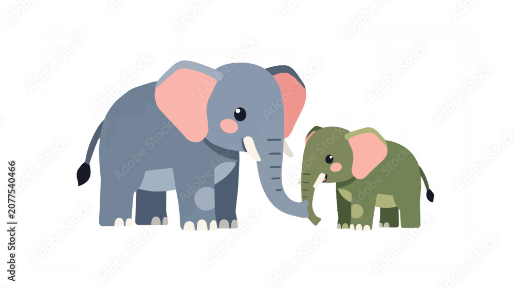 Fototapeta premium Cute Cartoon Baby Elephant and Adult Elephant Facing Each Other