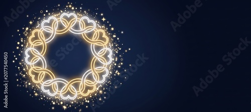 White and Gold Heart Ornament Circle Frame Glowing on Dark Background, Wedding and Love Design