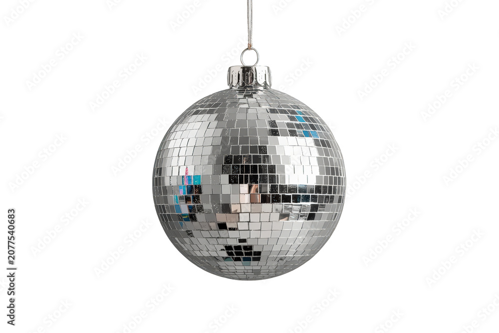 Obraz premium Disco mirror ball reflecting light, hanging for party celebration, nightlife entertainment, or retro 70s theme