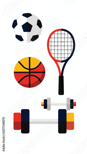 Sports Equipment Collection with Soccer Ball, Tennis Racket, Basketball, Dumbbell, and Fitness Barbell