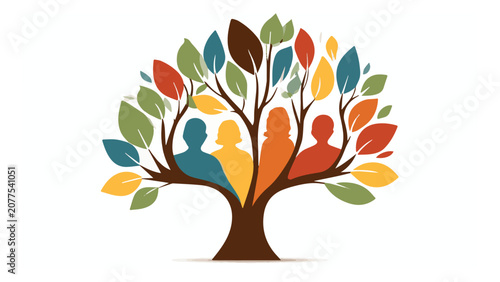 Diverse Human Silhouettes in a Colorful Tree of Life Illustration